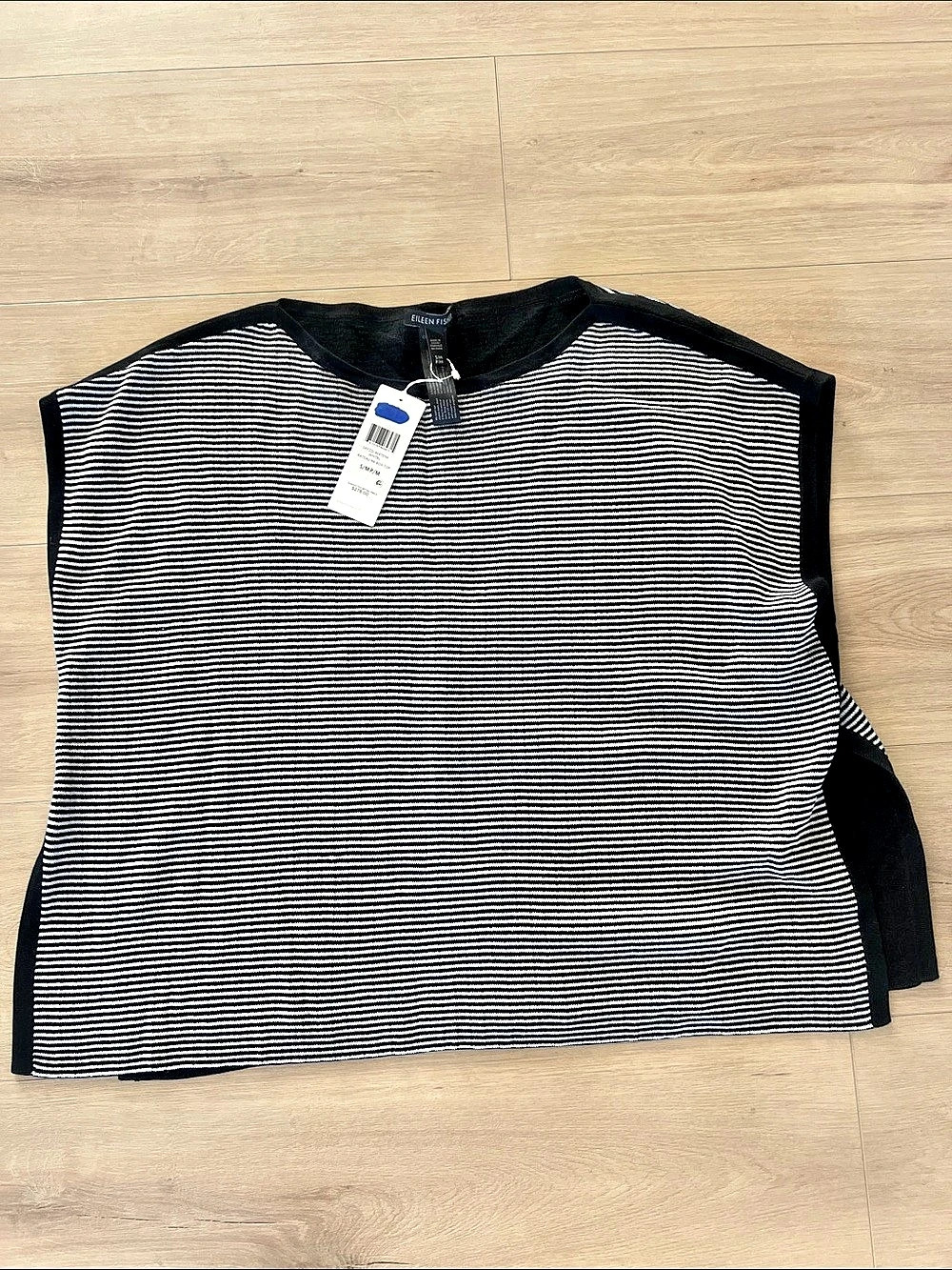 EILEEN FISHER Bateau NK Box Top Striped Cotton Silk Top in Black & White Size S